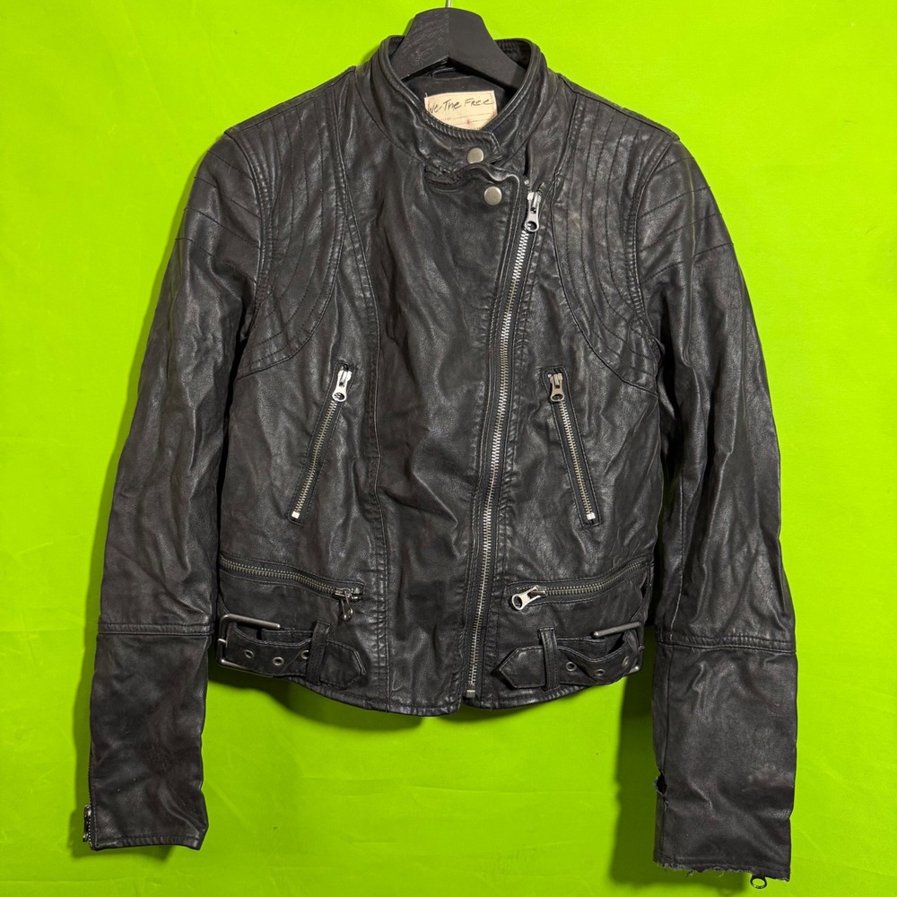 We The Free Free People Black Vegan Leather Moto Jacket Asymmetric Zip Small